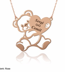 İsimli Kişiye Özel Kalp Tutan Ayıcık Rose Gümüş Kolye