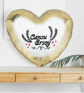 BK Gift Kişiye Özel Sevgililer Günü Altın Yaldız Sihirli Kalp Yastık  32