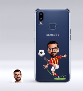 BK Gift Kişiye Özel Sarı Kırmızı Futbolcu Karikatürlü Samsung Galaxy A10s İnce Şeffaf Silikon Telefon Kapağı (Beyaz)