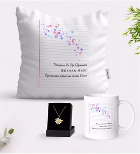 BK Gift Kişiye Özel Dünyanın En İyi Öğretmeni Beyaz Kupa Yastık ve İsimli Papatya Kolye Hediye Seti-28 (Model 1)