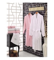 Cotton Box Aile Bornoz Seti Nakışlı Pembe-Beyaz (Beyaz-Pembe)