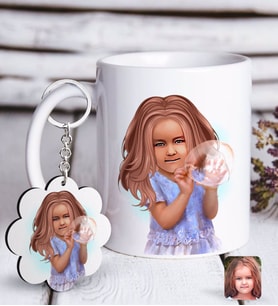 BK Gift Kişiye Özel Kız Çocuk İllüstrasyon Tasarımlı Beyaz Kupa ve Anahtarlık Hediye Seti-2 (Model 1)