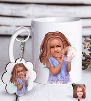 BK Gift Kişiye Özel Kız Çocuk İllüstrasyon Tasarımlı Beyaz Kupa ve Anahtarlık Hediye Seti-2 (Model 1)
