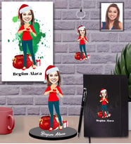 Kişiye Özel Yılbaşı Bayan Karikatürlü 5 li Hediye Seti Model-7