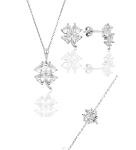 Söğütlü Silver Gümüş rodyumlu zirkon taşlı yonca modeli üçlü set