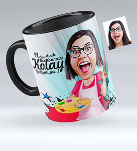 BK Gift Kişiye Özel Bayan Ressam Karikatürlü Siyah Kupa Bardak  1