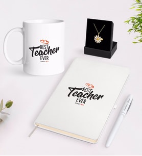 BK Gift Kişiye Özel En İyi Öğretmen Beyaz Kupa Defter Kalem ve İsimli Papatya Kolye Hediye Seti-13 (Model 1)