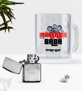 BK Gift Kişiye Özel Mühendis Baba Cam Kupa Bardak Benzinli Çakmak Seti-1 (Model 1)
