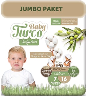 Baby Turco Bebek Bezi Doğadan Beden:7 (20-30Kg) XXLarge 16 Adet Jumbo Pk