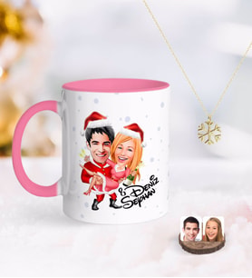 BK Gift Kişiye Özel Yeni Yıl Sevgililer Karikatürlü Pembe Kupa ve Kar Tanesi Kolye-2 (Model 1)