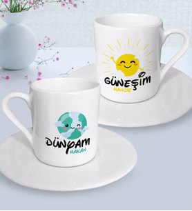 BK Gift Kişiye Özel Güneşim ve Dünyam İkili Türk Kahvesi Fincanı Seti-3 (Beyaz)