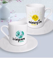 BK Gift Kişiye Özel Güneşim ve Dünyam İkili Türk Kahvesi Fincanı Seti-3 (Beyaz)