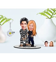 BK Gift Kişiye Özel Sevgililer Karikatürlü 3D Ahşap Biblo ve İsimli Silver Papatya Anahtarlık-7 (Model 1)