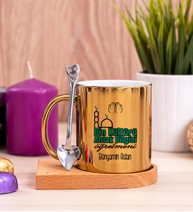 Din Kültürü Öğretmeni Ahşap Altlıklı Gold Kupa Bardak