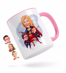 BK Gift Kişiye Özel Süper Anne ve Süper Çocuklar Karikatürlü Pembe Kupa Bardak