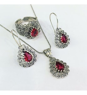 GÜMÜŞ TELKARİ PEMBE ZİRKON TAŞLI DAMLA SET