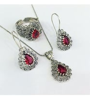 GÜMÜŞ TELKARİ PEMBE ZİRKON TAŞLI DAMLA SET