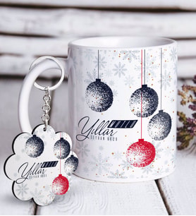 BK Gift Kişiye Özel Yılbaşı Mutlu Yıllar Beyaz Kupa ve Anahtarlık Hediye Seti-13 (Model 1)