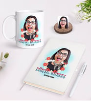 BK Gift Kişiye Özel Kadınlar Günü Dünya Güzeli Karikatürlü Beyaz Defter Kalem ve Kupa Seti-1 (Model 1)