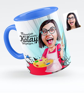 BK Gift Kişiye Özel Kadın Ressam Karikatürlü Mavi Kupa Bardak  1