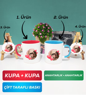 İkili Kırmızı Mavi Sevgiliye Sevgililer Günü Hediyesi 8 Kupa Bardak Anahtarlık