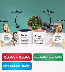İkili Siyah Pembe Kişiye Özel Baba ve Anne Kupa Bardak Anahtarlık Hediye Seti