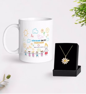 BK Gift Kişiye Özel Dünyanın En İyi Öğretmeni Beyaz Kupa ve Papatya Kolye Hediye Seti-25 (Model 1)