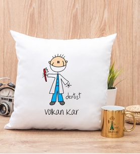 Erkek Diş Hekimi Karikatürü Yastık ve Gold Kupa Bardak