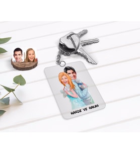 BK Gift Kişiye Özel Sevgililer Karikatürlü Şeffaf Pleksi Anahtarlık-87 (Beyaz)