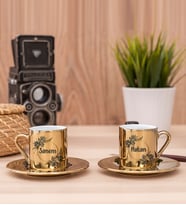 İsme Özel Çiçek Desenli İkili Gold Kahve Fincanı Takımı