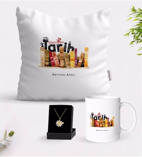 BK Gift Kişiye Özel Tarih Öğretmeni Beyaz Kupa Yastık ve İsimli Papatya Kolye Hediye Seti-2 (Model 1)
