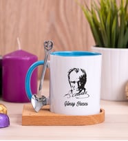 Atatürk Siluetli Ahşap Altlıklı Mavi Kupa Bardak