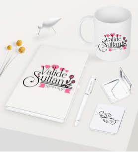 BK Gift Kişiye Özel Valide Sultan Beyaz Defter Kalem Kupa Ayna Seti - 2 (Model 1)