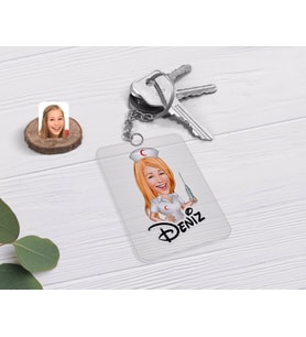 BK Gift Kişiye Özel Hemşire Karikatürlü Şeffaf Pleksi Anahtarlık-1 (Beyaz)