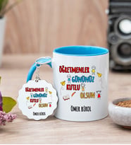 Öğretmenler Günü Hediyesi Mavi Kupa Bardak Ve Anahtarlık Set