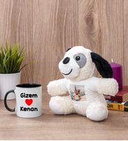 Sevgililere Özel İsim Yazılı Siyah Kupa Bardak ve Peluş Köpek