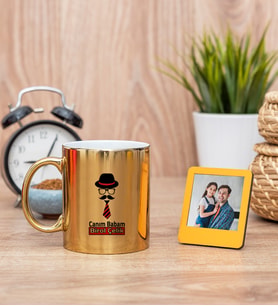 Babaya Hediye Kravat Tasarım Gold Kupa Bardak ve Sarı Mini Fotoğraf Çerçevesi