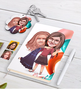 BK Gift Kişiye Özel Kız Kardeşler Karikatürlü Beyaz Defter Kalem ve Anahtarlık Hediye Seti-6 (Model 1)