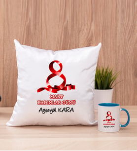 Kadınlar Günü Hediyesi  Kare Yastık ve Mavi Kupa Bardak