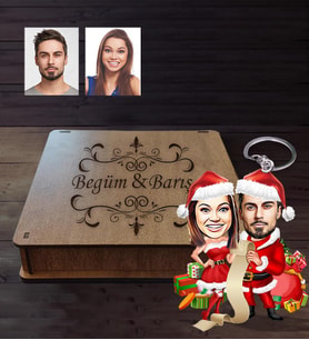 Kişiye Özel Yılbaşı Sevgili Karikatürlü Ahşap Anahtarlık Kutulu Model-3