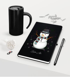 BK Gift Kişiye Özel Yılbaşı Kardan Adam Temalı Siyah Defter Kalem Termos Mug Seti - 1