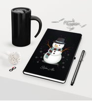 BK Gift Kişiye Özel Yılbaşı Kardan Adam Temalı Siyah Defter Kalem Termos Mug Seti - 1