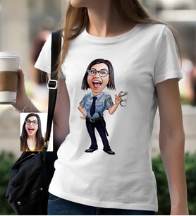 BK Gift Kişiye Özel Bayan Polis Karikatür Beyaz Tişört  1