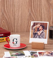 Baş Harfli ve İsimli Kırmızı Türk Kahvesi Fincanı ve Ahşap Standlı Polaroid Set
