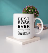 Patrona Hediye Best Boss Ever Tasarımlı Patron Kupa Bardak ve Taş Bardak Altlığı Hediye Seti