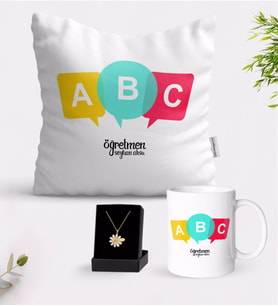 BK Gift Kişiye Özel Öğretmen Beyaz Kupa Yastık ve İsimli Papatya Kolye Hediye Seti-4 (Model 1)