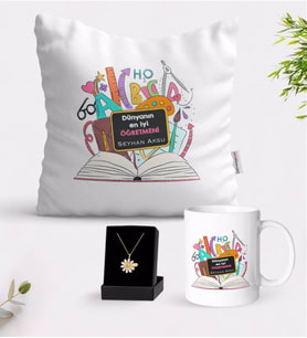 BK Gift Kişiye Özel Dünyanın En İyi Öğretmeni Beyaz Kupa Yastık ve İsimli Papatya Kolye Hediye Seti-16 (Model 1)
