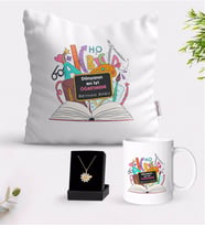 BK Gift Kişiye Özel Dünyanın En İyi Öğretmeni Beyaz Kupa Yastık ve İsimli Papatya Kolye Hediye Seti-16 (Model 1)