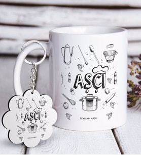 BK Gift Kişiye Özel Mesleki Aşçı Beyaz Kupa ve Anahtarlık Hediye Seti-1 (Model 1)