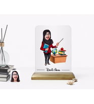 BK Gift Kişiye Özel Tesettürlü Kadın Öğretmen Karikatürlü Ahşap Standlı Çerçeve (Beyaz)